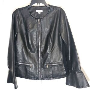 Calvin‎ Klein Large Womens Faux Leather Jacket Bell Sleeve Moto Business Black